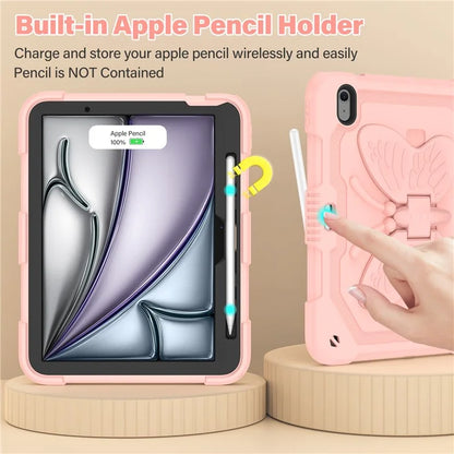 For iPad Air 11 (2024) Case with Shoulder Strap Silicone + PC Tablet Cover Butterfly Wings Kickstand