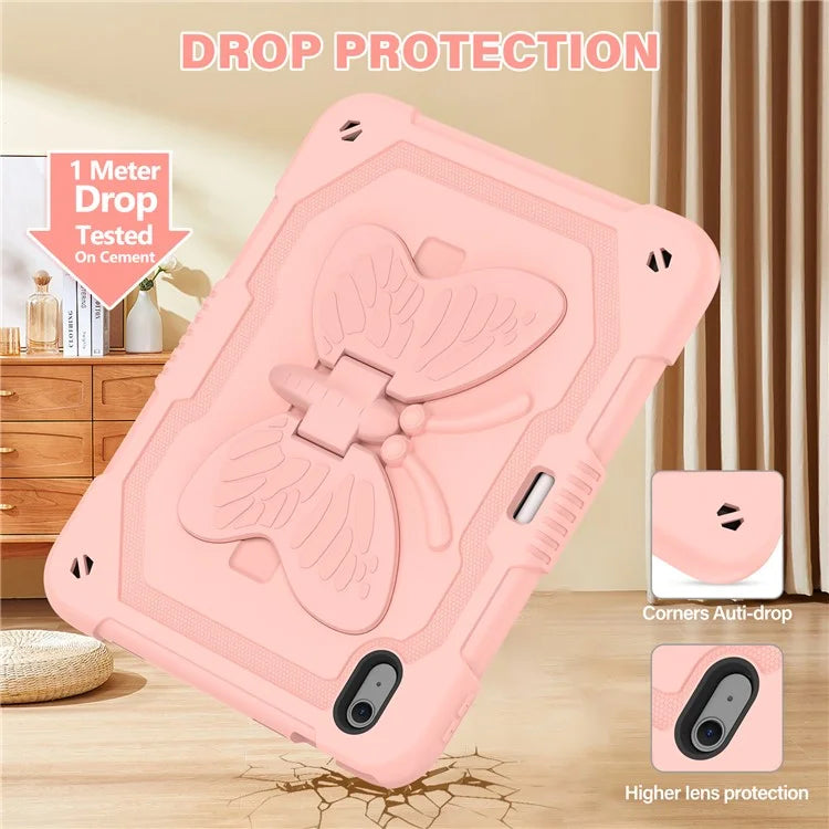 For iPad Air 11 (2024) Case with Shoulder Strap Silicone + PC Tablet Cover Butterfly Wings Kickstand