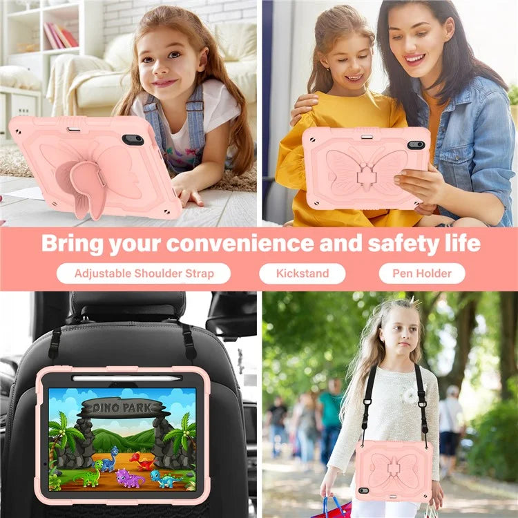 For iPad Air 11 (2024) Case with Shoulder Strap Silicone + PC Tablet Cover Butterfly Wings Kickstand