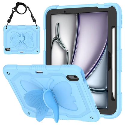 For iPad Air 11 (2024) Case with Shoulder Strap Silicone + PC Tablet Cover Butterfly Wings Kickstand