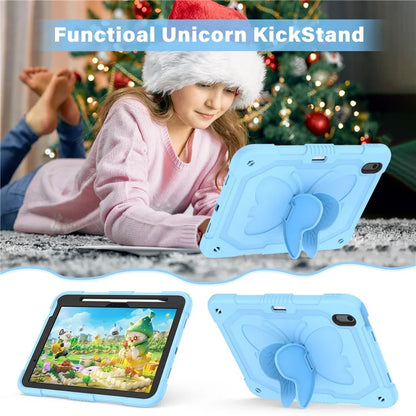 For iPad Air 11 (2024) Case with Shoulder Strap Silicone + PC Tablet Cover Butterfly Wings Kickstand
