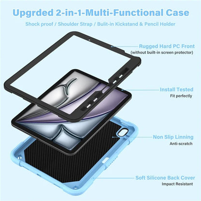 For iPad Air 11 (2024) Case with Shoulder Strap Silicone + PC Tablet Cover Butterfly Wings Kickstand