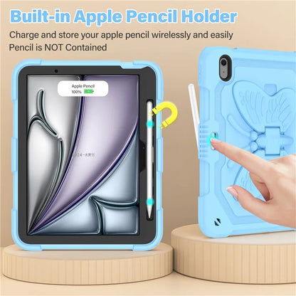 For iPad Air 11 (2024) Case with Shoulder Strap Silicone + PC Tablet Cover Butterfly Wings Kickstand