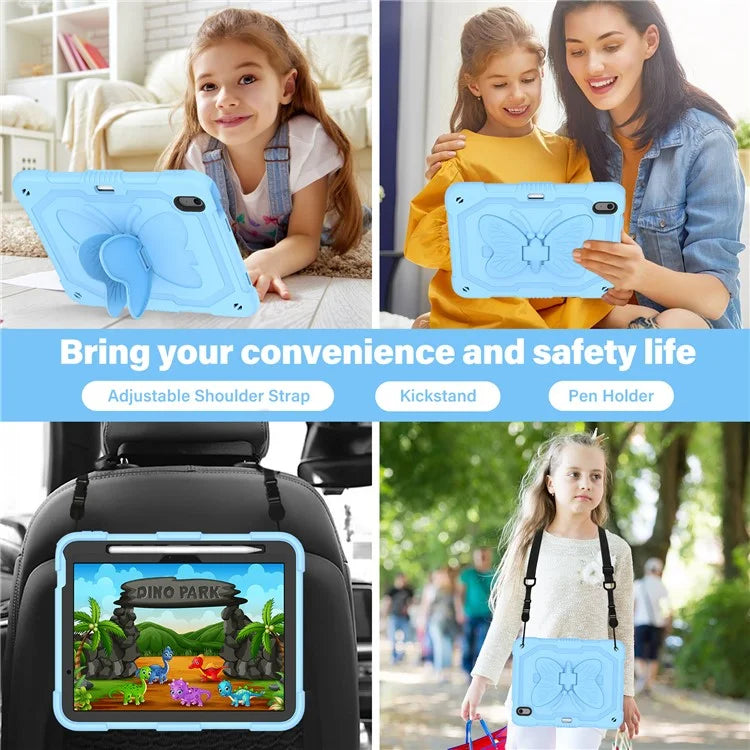 For iPad Air 11 (2024) Case with Shoulder Strap Silicone + PC Tablet Cover Butterfly Wings Kickstand