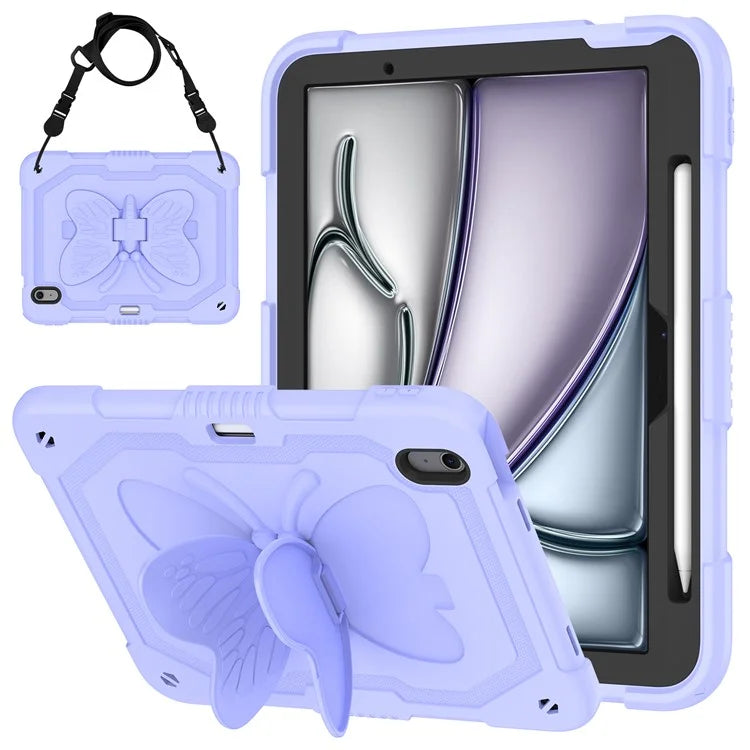 For iPad Air 11 (2024) Case with Shoulder Strap Silicone + PC Tablet Cover Butterfly Wings Kickstand