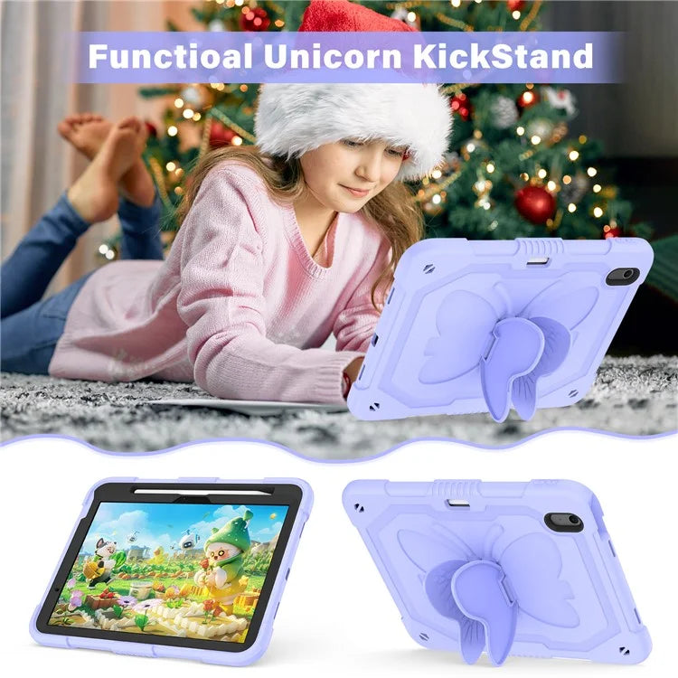 For iPad Air 11 (2024) Case with Shoulder Strap Silicone + PC Tablet Cover Butterfly Wings Kickstand