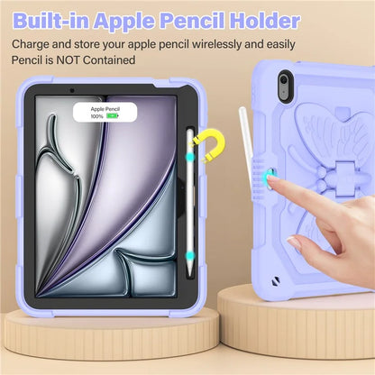 For iPad Air 11 (2024) Case with Shoulder Strap Silicone + PC Tablet Cover Butterfly Wings Kickstand