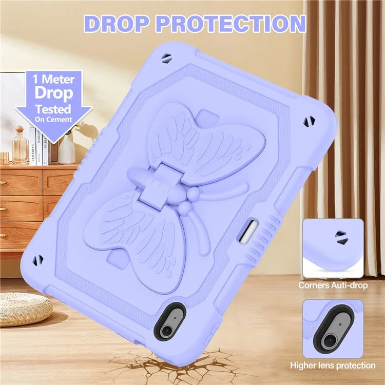 For iPad Air 11 (2024) Case with Shoulder Strap Silicone + PC Tablet Cover Butterfly Wings Kickstand