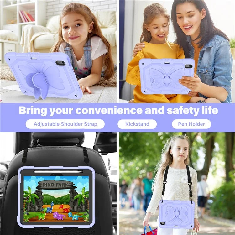 For iPad Air 11 (2024) Case with Shoulder Strap Silicone + PC Tablet Cover Butterfly Wings Kickstand