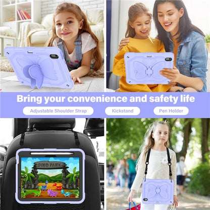 For iPad Air 11 (2024) Case with Shoulder Strap Silicone + PC Tablet Cover Butterfly Wings Kickstand