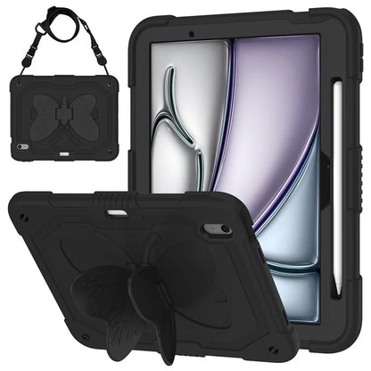 For iPad Air 11 (2024) Case with Shoulder Strap Silicone + PC Tablet Cover Butterfly Wings Kickstand