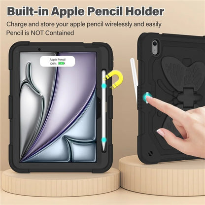 For iPad Air 11 (2024) Case with Shoulder Strap Silicone + PC Tablet Cover Butterfly Wings Kickstand
