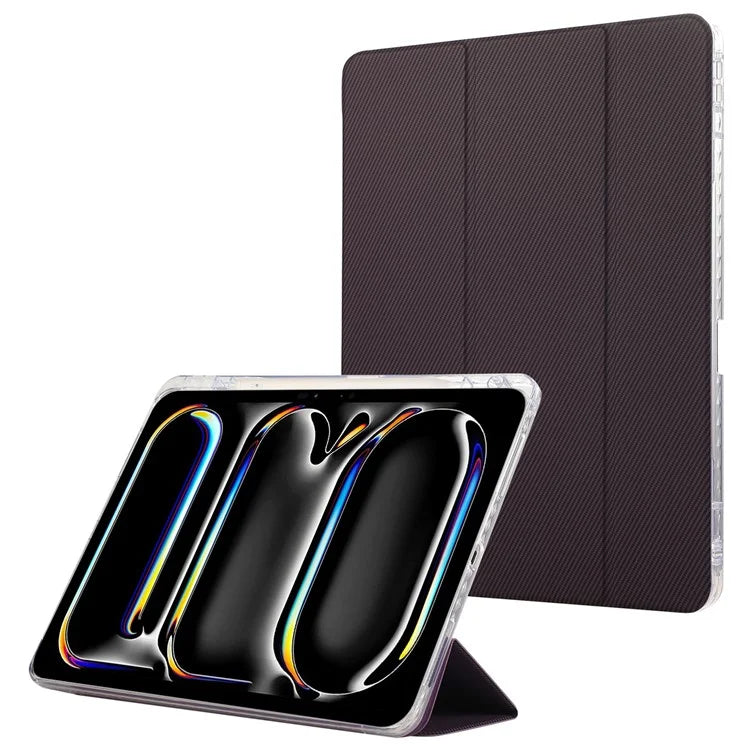 For iPad Pro 11 (2024) Case Tri-Fold Stand Leather Smart Tablet Cover Carbon Fiber Texture