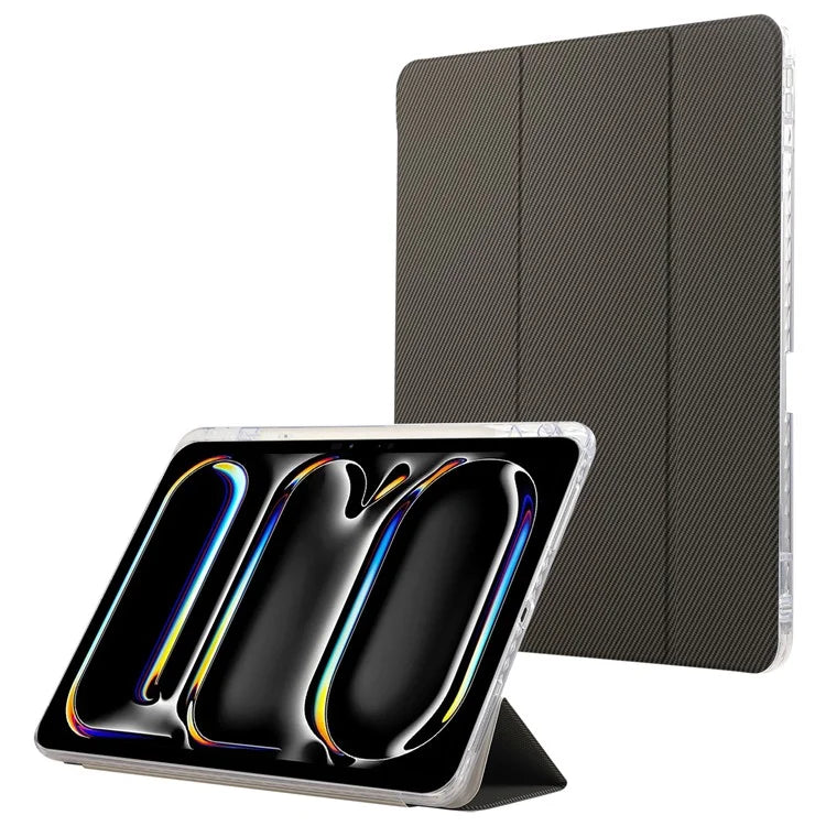 For iPad Pro 11 (2024) Case Tri-Fold Stand Leather Smart Tablet Cover Carbon Fiber Texture