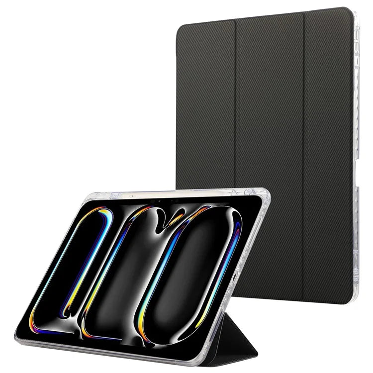 For iPad Pro 11 (2024) Case Tri-Fold Stand Leather Smart Tablet Cover Carbon Fiber Texture