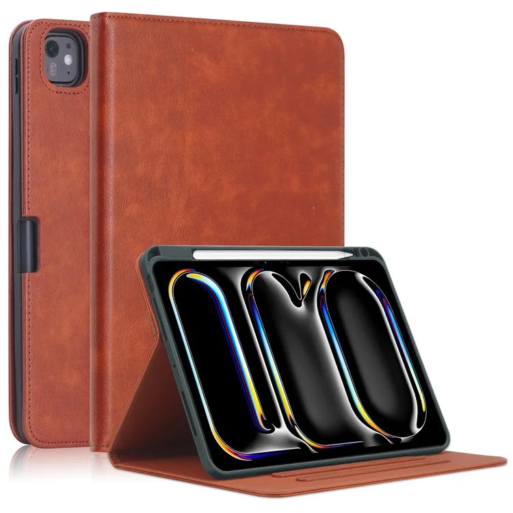 For iPad Pro 11 (2024) Case Stand PU Leather Smart Protective Cover with Pen Holder