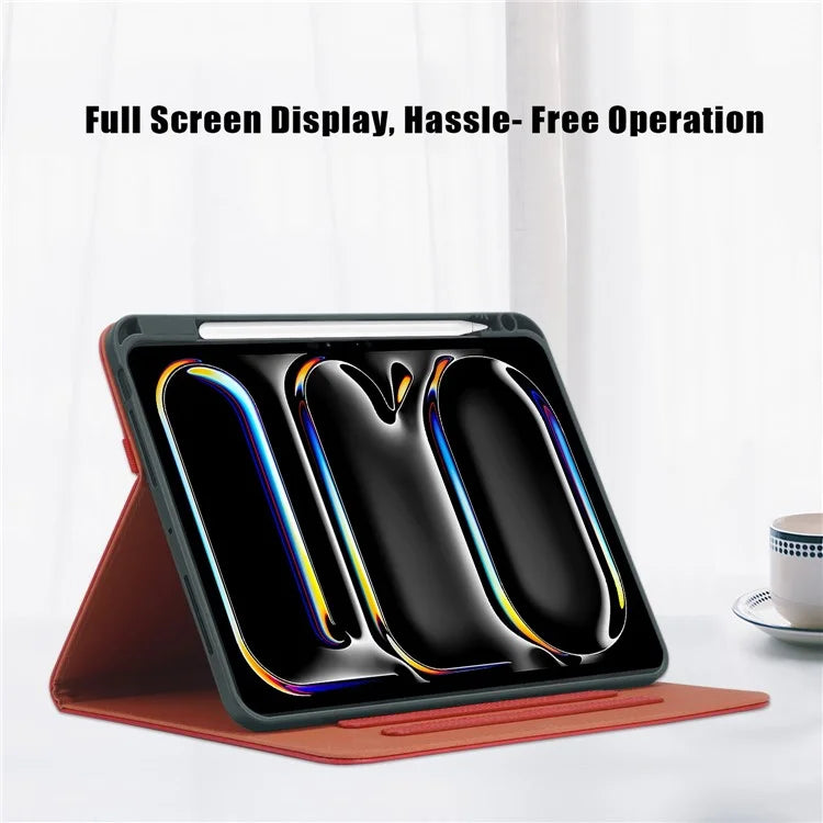 For iPad Pro 11 (2024) Case Stand PU Leather Smart Protective Cover with Pen Holder