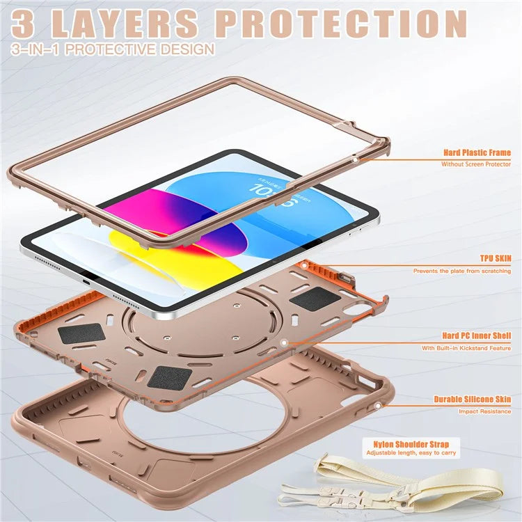 For iPad 10.9 (2022) Case Handle Kickstand PC+Silicone+TPU Tablet Cover with Shoulder Strap