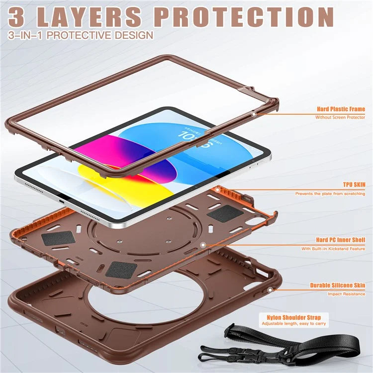For iPad 10.9 (2022) Case Handle Kickstand PC+Silicone+TPU Tablet Cover with Shoulder Strap