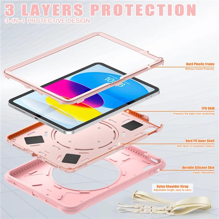 For iPad 10.9 (2022) Case Handle Kickstand PC+Silicone+TPU Tablet Cover with Shoulder Strap