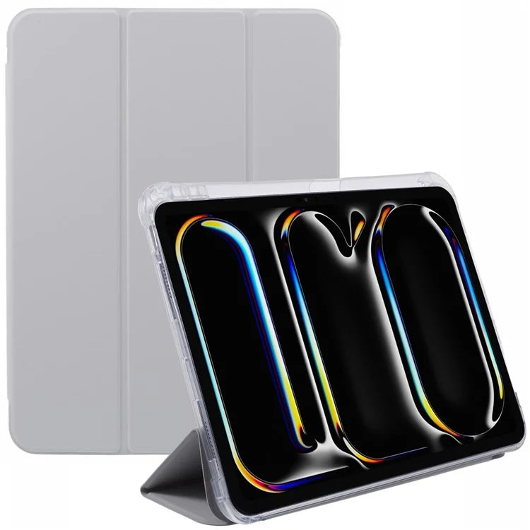 For iPad Pro 11 (2024) Case Trifold Stand PU Leather+Clear TPU Tablet Cover with Pen Slot