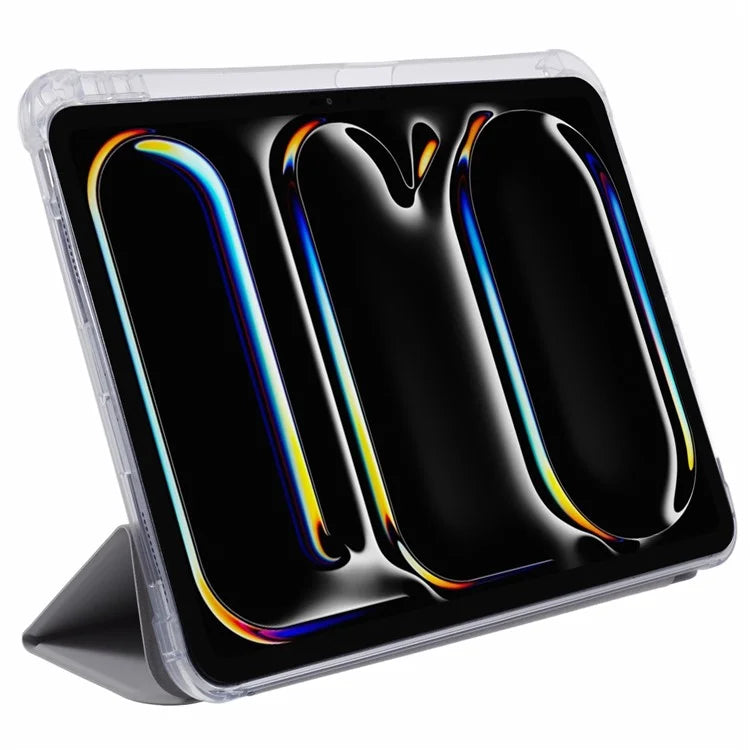 For iPad Pro 11 (2024) Case Trifold Stand PU Leather+Clear TPU Tablet Cover with Pen Slot