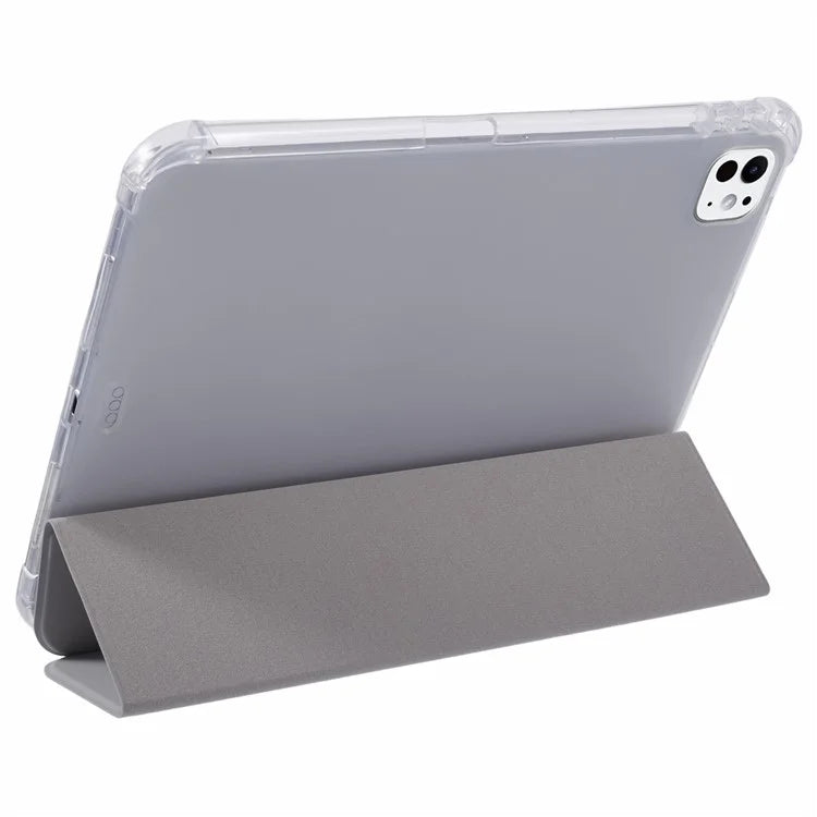 For iPad Pro 11 (2024) Case Trifold Stand PU Leather+Clear TPU Tablet Cover with Pen Slot
