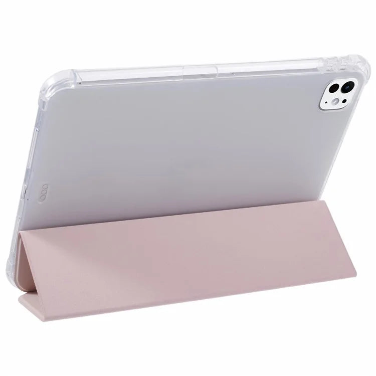 For iPad Pro 11 (2024) Case Trifold Stand PU Leather+Clear TPU Tablet Cover with Pen Slot