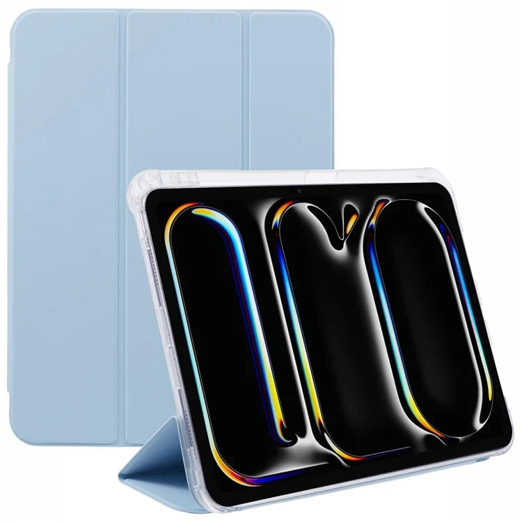 For iPad Pro 11 (2024) Case Trifold Stand PU Leather+Clear TPU Tablet Cover with Pen Slot