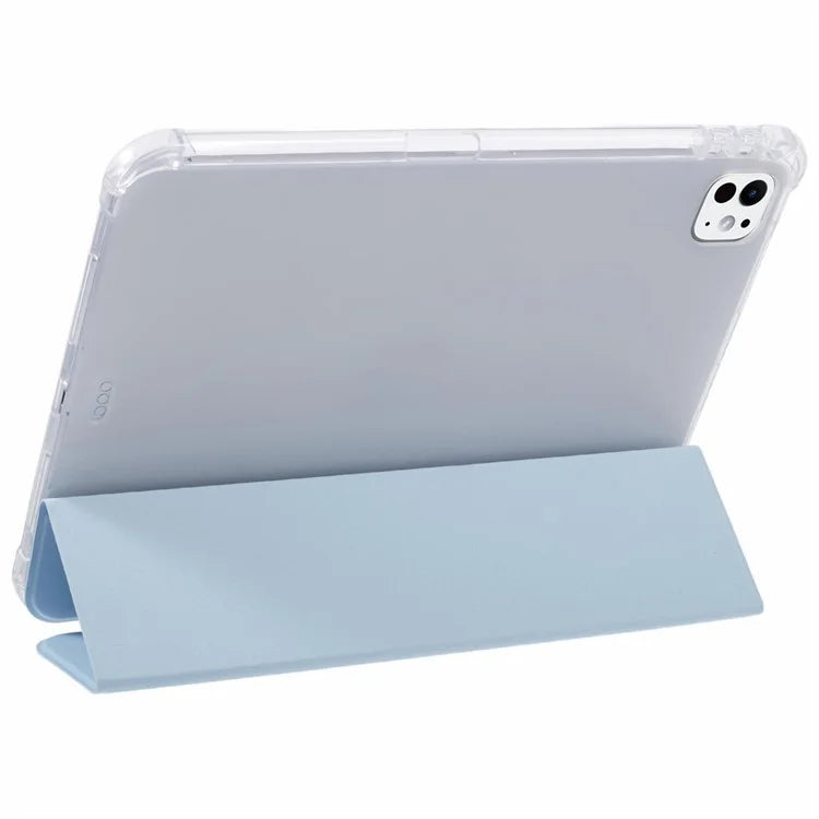 For iPad Pro 11 (2024) Case Trifold Stand PU Leather+Clear TPU Tablet Cover with Pen Slot