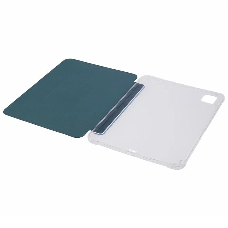 For iPad Pro 11 (2024) Case Trifold Stand PU Leather+Clear TPU Tablet Cover with Pen Slot