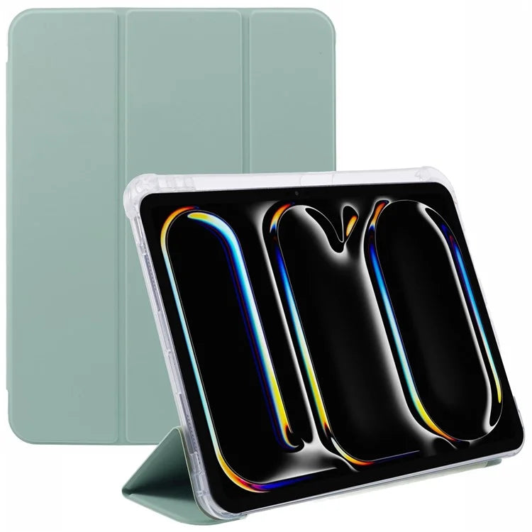 For iPad Pro 11 (2024) Case Trifold Stand PU Leather+Clear TPU Tablet Cover with Pen Slot