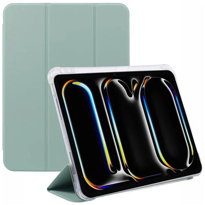 For iPad Pro 11 (2024) Case Trifold Stand PU Leather+Clear TPU Tablet Cover with Pen Slot