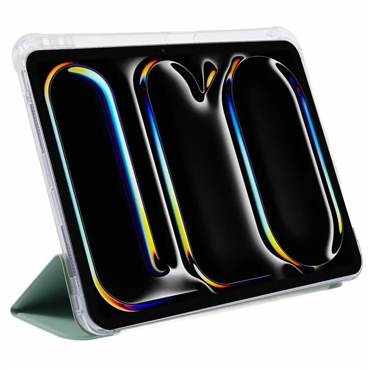 For iPad Pro 11 (2024) Case Trifold Stand PU Leather+Clear TPU Tablet Cover with Pen Slot
