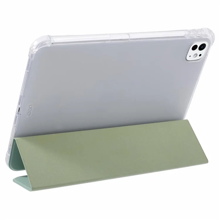 For iPad Pro 11 (2024) Case Trifold Stand PU Leather+Clear TPU Tablet Cover with Pen Slot