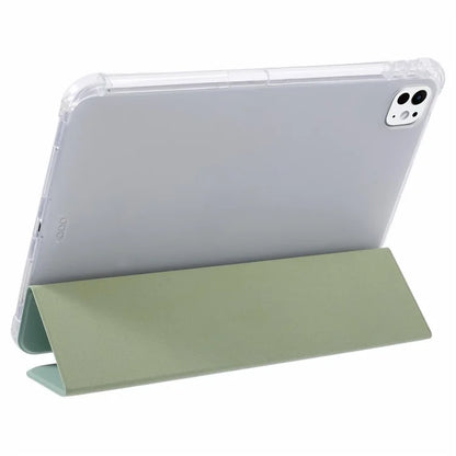For iPad Pro 11 (2024) Case Trifold Stand PU Leather+Clear TPU Tablet Cover with Pen Slot