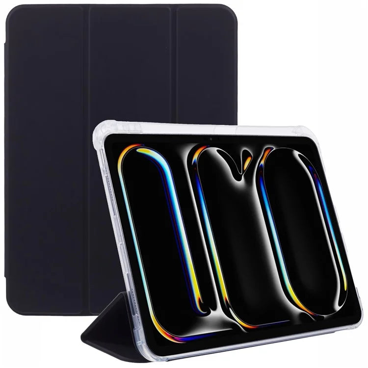 For iPad Pro 11 (2024) Case Trifold Stand PU Leather+Clear TPU Tablet Cover with Pen Slot