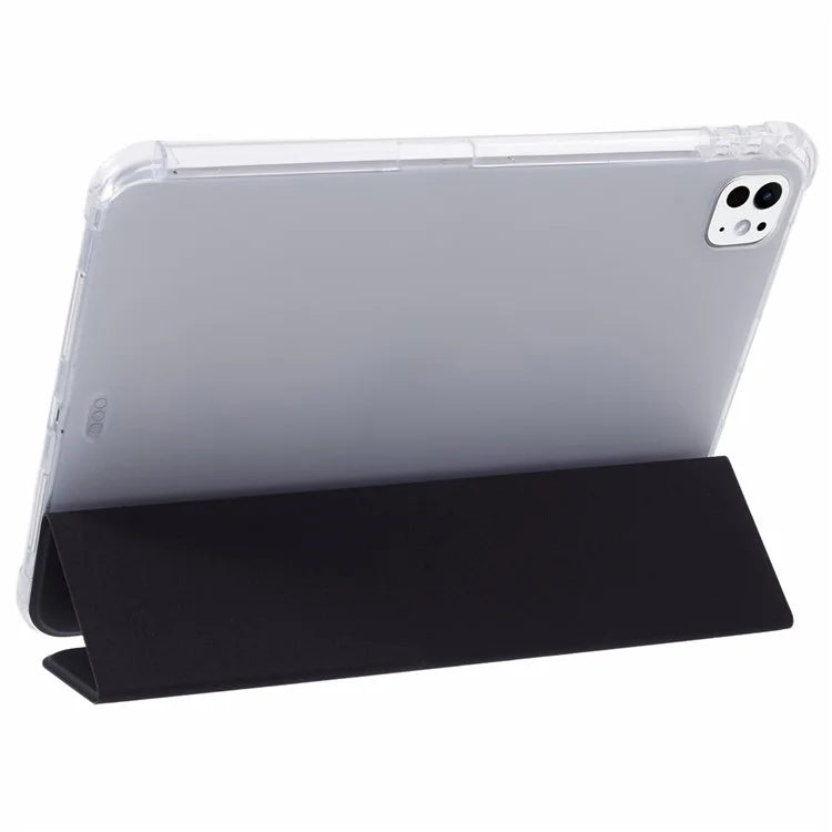 For iPad Pro 11 (2024) Case Trifold Stand PU Leather+Clear TPU Tablet Cover with Pen Slot