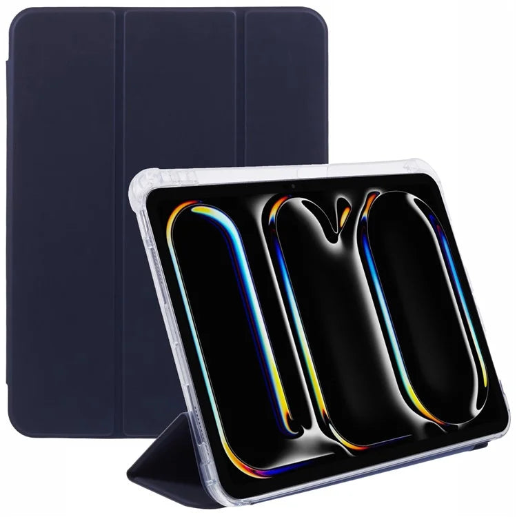 For iPad Pro 11 (2024) Case Trifold Stand PU Leather+Clear TPU Tablet Cover with Pen Slot