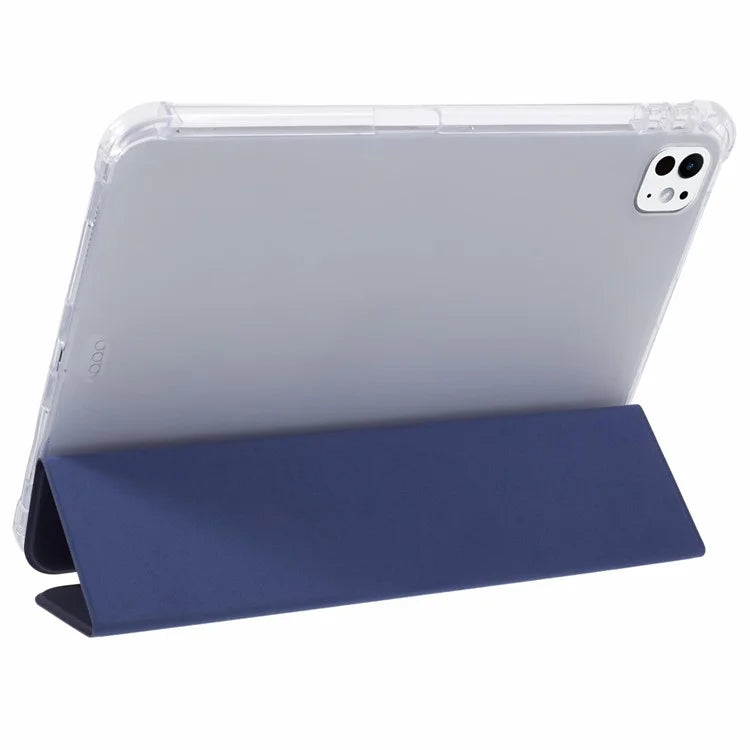 For iPad Pro 11 (2024) Case Trifold Stand PU Leather+Clear TPU Tablet Cover with Pen Slot
