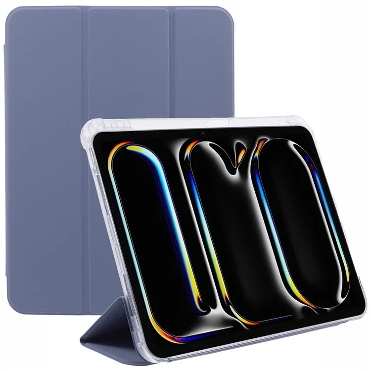 For iPad Pro 11 (2024) Case Trifold Stand PU Leather+Clear TPU Tablet Cover with Pen Slot
