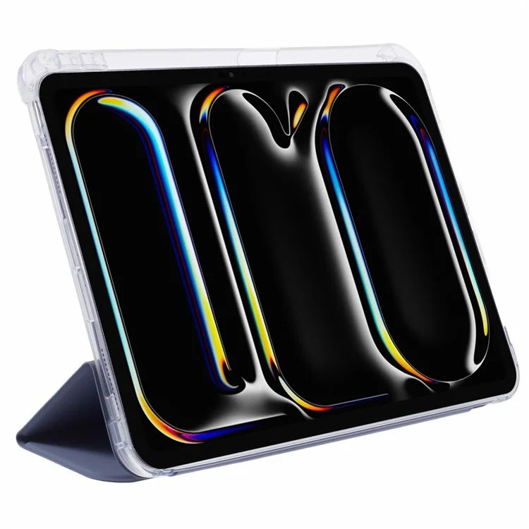For iPad Pro 11 (2024) Case Trifold Stand PU Leather+Clear TPU Tablet Cover with Pen Slot