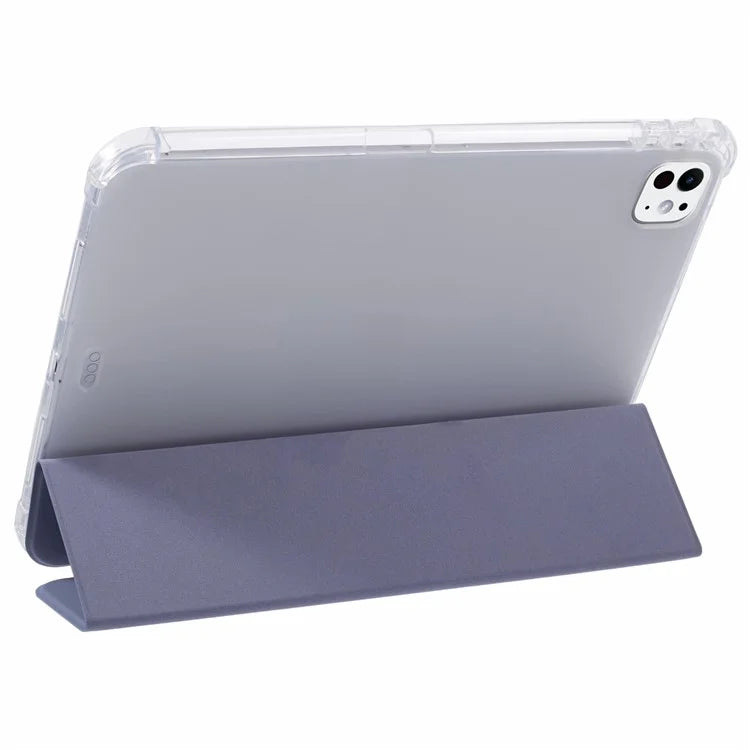 For iPad Pro 11 (2024) Case Trifold Stand PU Leather+Clear TPU Tablet Cover with Pen Slot
