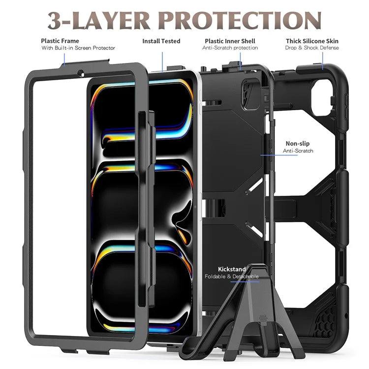 For iPad Pro 11 (2024) Case PC+Silicone Kickstand Tablet Cover with PET Screen Film