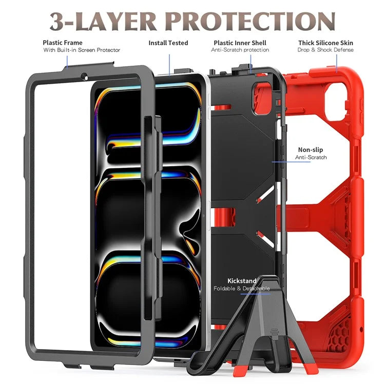For iPad Pro 11 (2024) Case PC+Silicone Kickstand Tablet Cover with PET Screen Film