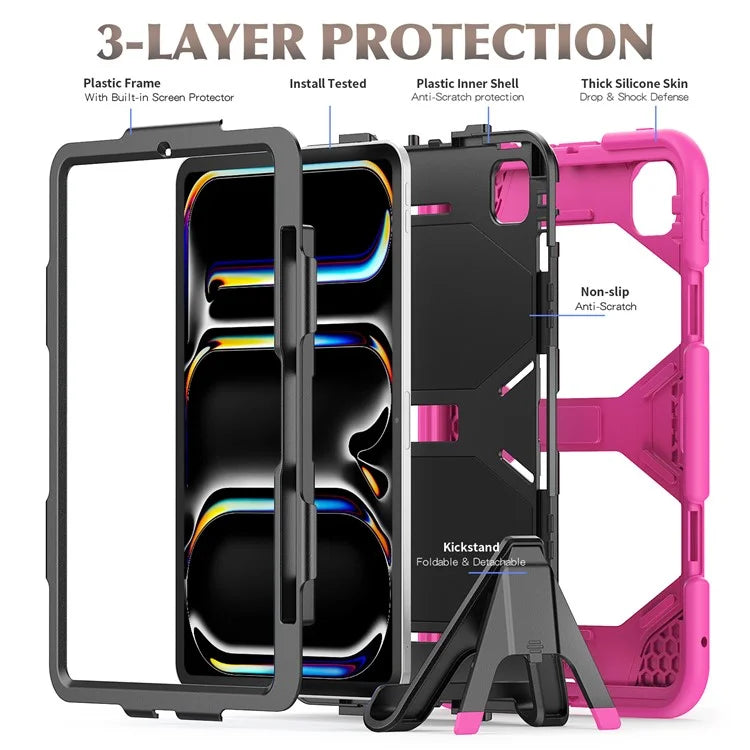 For iPad Pro 11 (2024) Case PC+Silicone Kickstand Tablet Cover with PET Screen Film