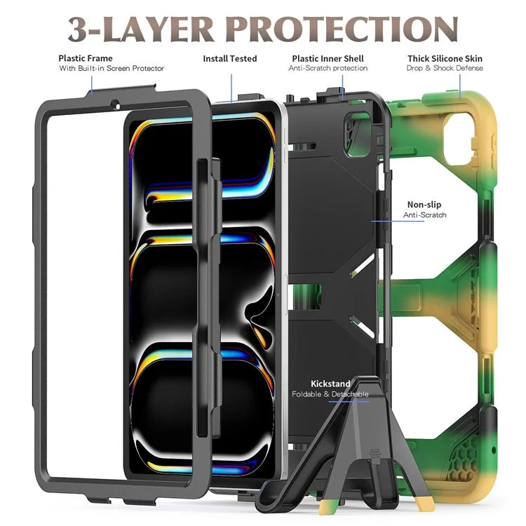 For iPad Pro 11 (2024) Case PC+Silicone Kickstand Tablet Cover with PET Screen Film