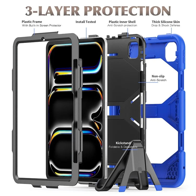 For iPad Pro 11 (2024) Case PC+Silicone Kickstand Tablet Cover with PET Screen Film