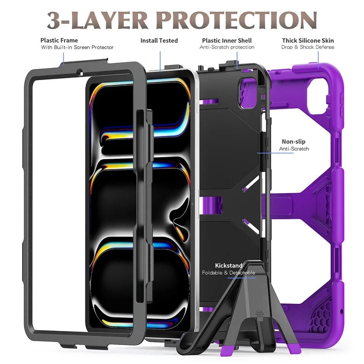 For iPad Pro 11 (2024) Case PC+Silicone Kickstand Tablet Cover with PET Screen Film