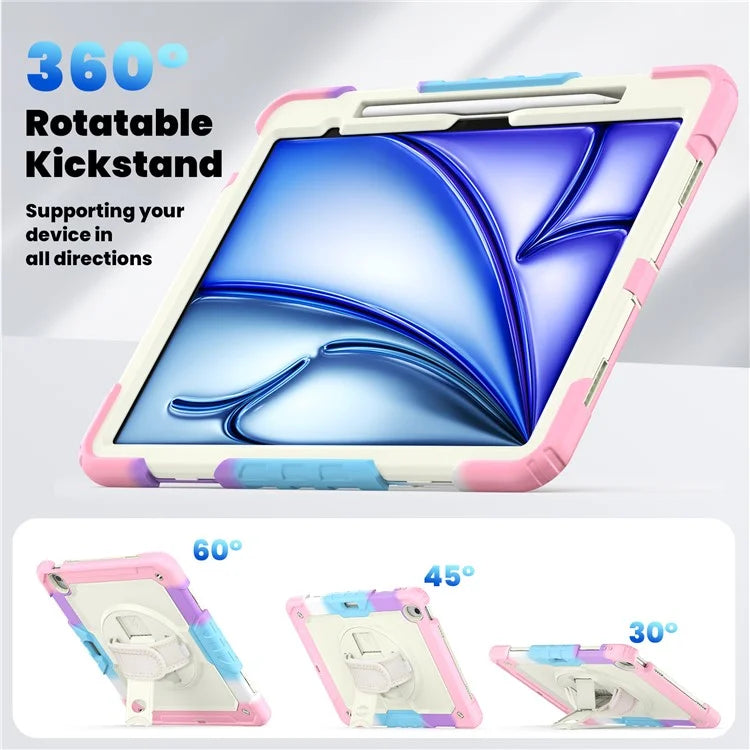 For iPad Air 13 (2024) Case Hand Strap Kickstand PC+Silicone Tablet Cover with PET Screen Film